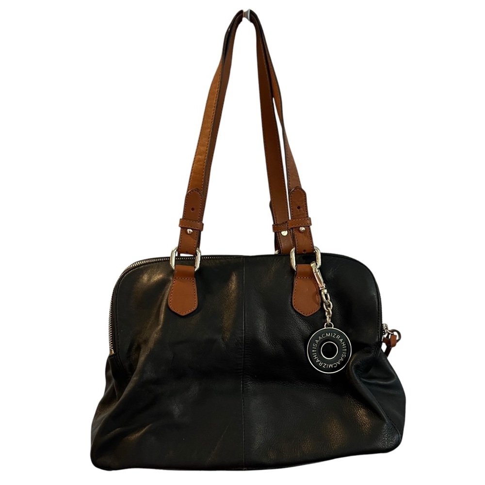 ISAAC MIZRAHI Black Leather Bridgehampton Triple Zip Satchel Bag